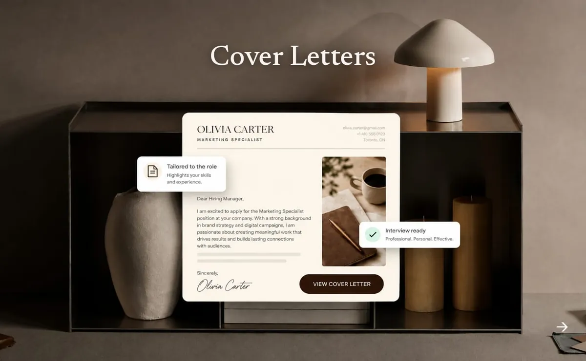 A tailored cover letter shown on a screen beside a lamp and a notebook, with the heading "Cover Letters"