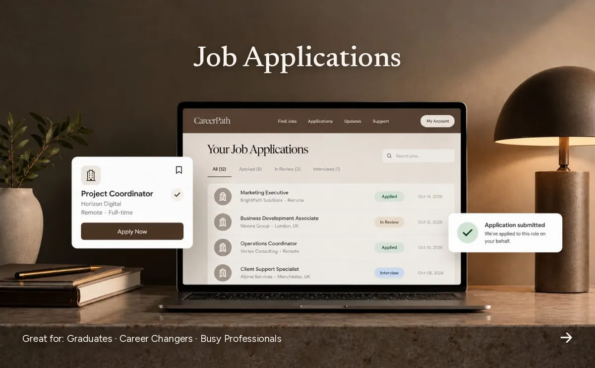 A laptop on a desk showing a job applications tracker, with the heading "Job Applications"