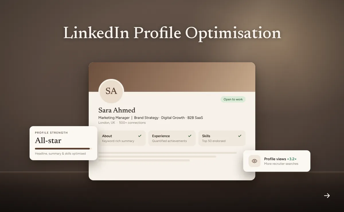 A LinkedIn-style professional profile card with the heading "LinkedIn Profile Optimisation"